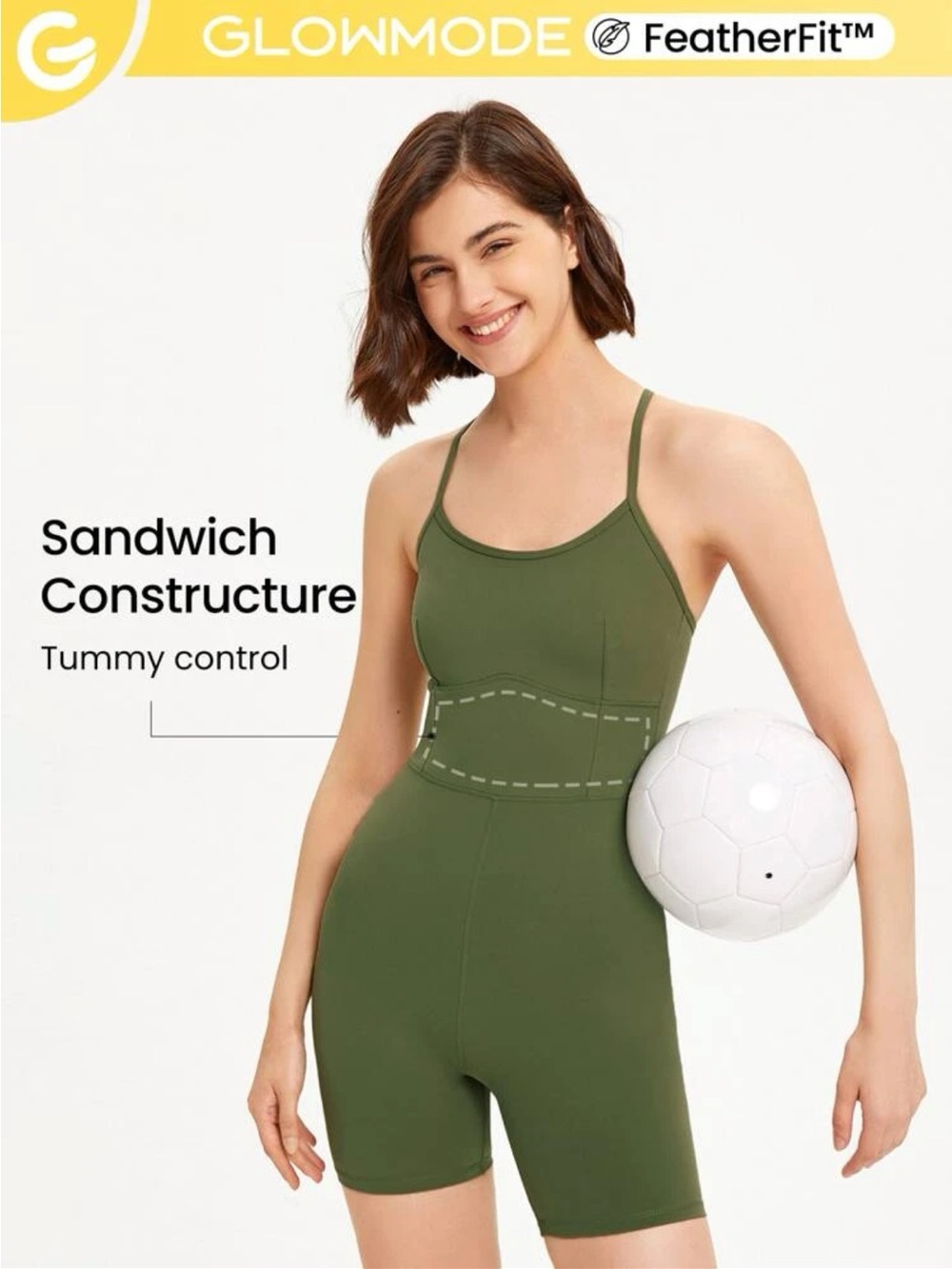 🥬 (NWT) GlowMode • Feather Fit Romper in Pine Green